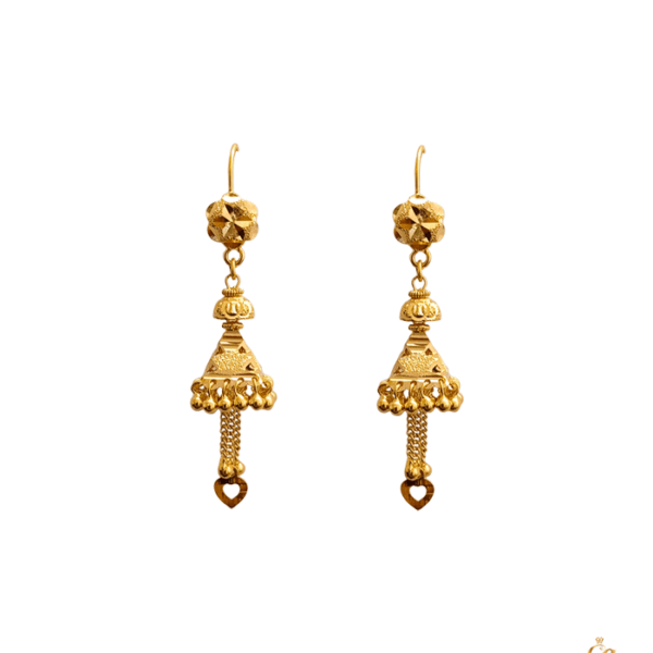 This royal pair of 22k gold jhumka design define simplicity and elegance. This traditional jhumka have been exquisitely crafted keeping maximum simplicity in mind. The Weight of this product would be only 5.59 gm.